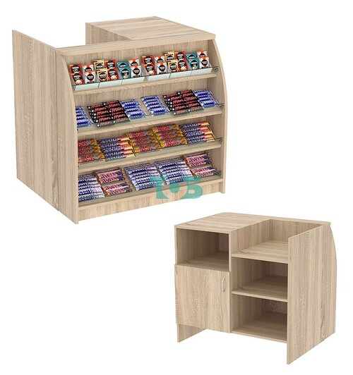 Торговый кассовый прилавок импульсных покупок с наклонными полками со стеклянными бортиками Импульс №1-3-900