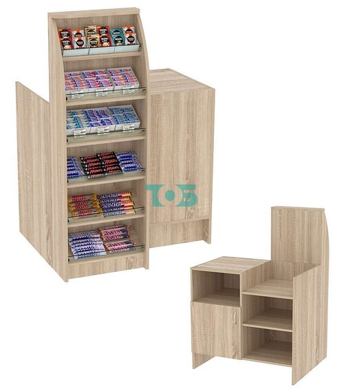 Торговый кассовый прилавок с шестью узкими наклонными полками для выкладки товаров импульсных покупок Импульс №2-3-450