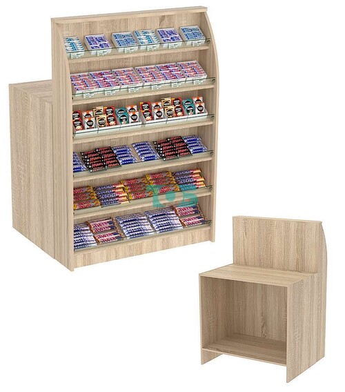 Торговый кассовый прилавок импульсных покупок с высоким фасадным стеллажом Импульс №2-1-900