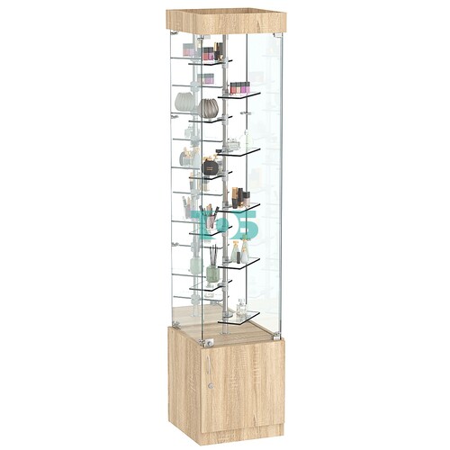 Стеклянная торговая витрина квадратная с зеркалом и десятью миниатюрными прозрачными полочками Фрактал №4-2