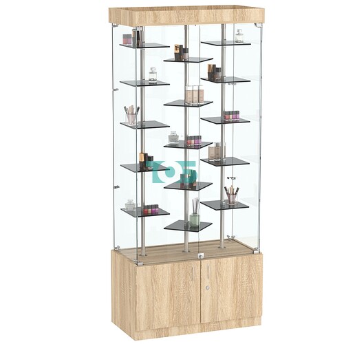 Стеклянная торговая витрина в прозрачном каркасе с маленькими тонированными полками Dark №1-3