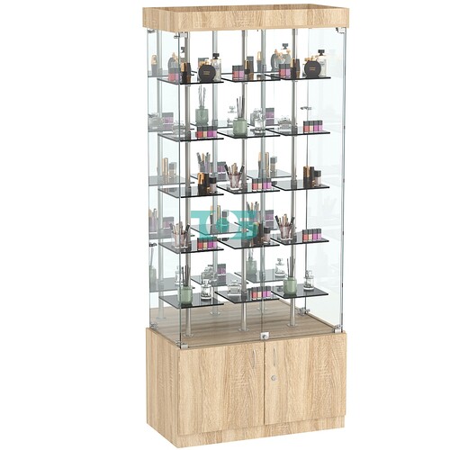 Стеклянная торговая витрина с зеркальной стенкой и маленькими тонированными полками Dark №3-1