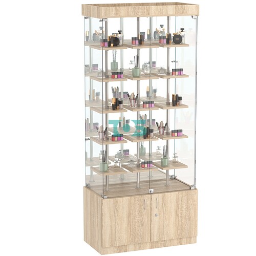 Стеклянная торговая витрина с зеркальной стенкой и маленькими полками ДСП серии Протон №3-1