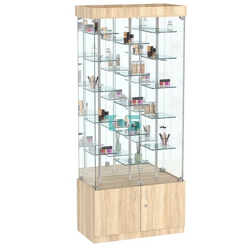 Стеклянная торговая витрина с распашными дверками и маленькими зеркальными полками Квант №3-2