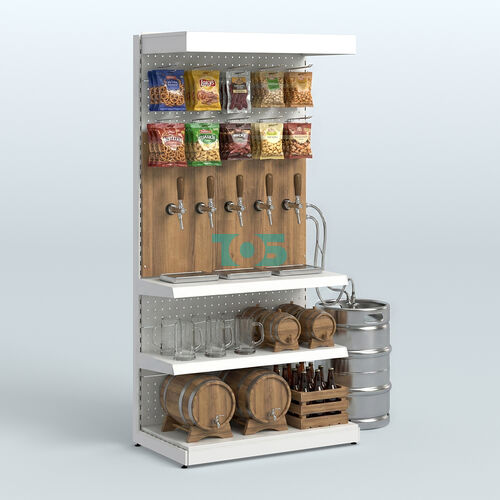 Металлический стеллаж под врезные краны с верхним фризом для магазина разливного пива и рыбы BEER&FISH-МС-2150-2