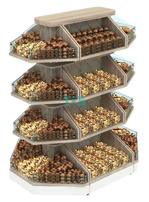 Островной металлический стеллаж со стеклянными разделителями на 56 ячеек для продажи конфет и орехов NUT-МОС-05
