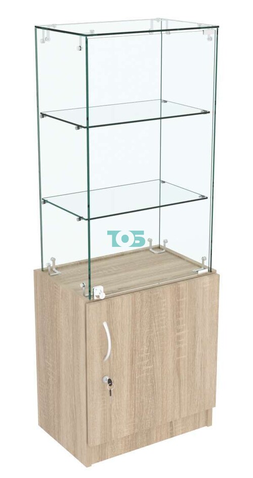 Узкий стеклянный прилавок СЛИМ №2 с двумя небольшими полками