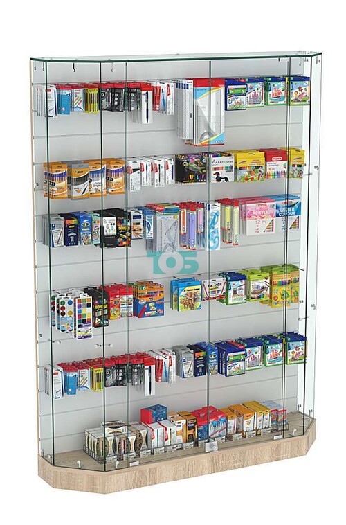 Торговая стеклянная витрина Истра со скошенным фасадом и низким подиумом №414