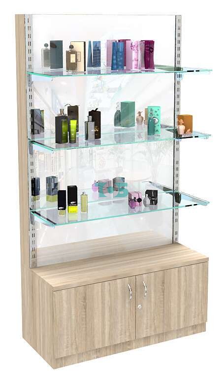 Торговый стеллаж из ДСП с нижней тумбой и зеркалом №1-1