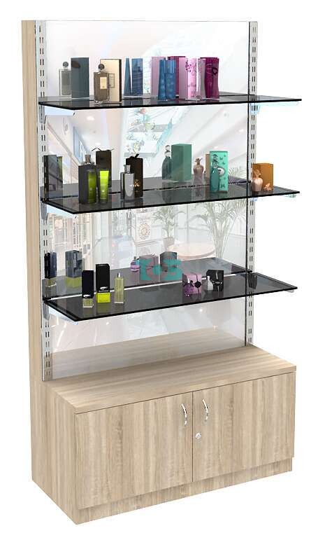 Торговый стеллаж из ДСП с тонированными полками и зеркальной стенкой №1-2