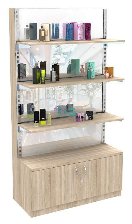 Торговый стеллаж с полками из ДСП и зеркалом №1-3