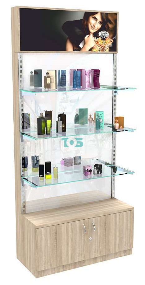 Торговый стеллаж из ДСП с закрытой тумбой и световым коробом №2-1