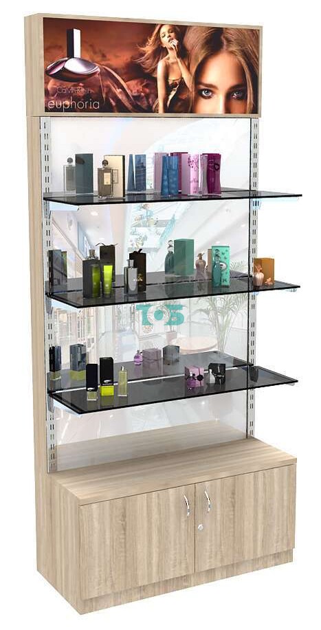Торговый стеллаж из ДСП с тумбой, зеркалом и тонированными полками №2-2