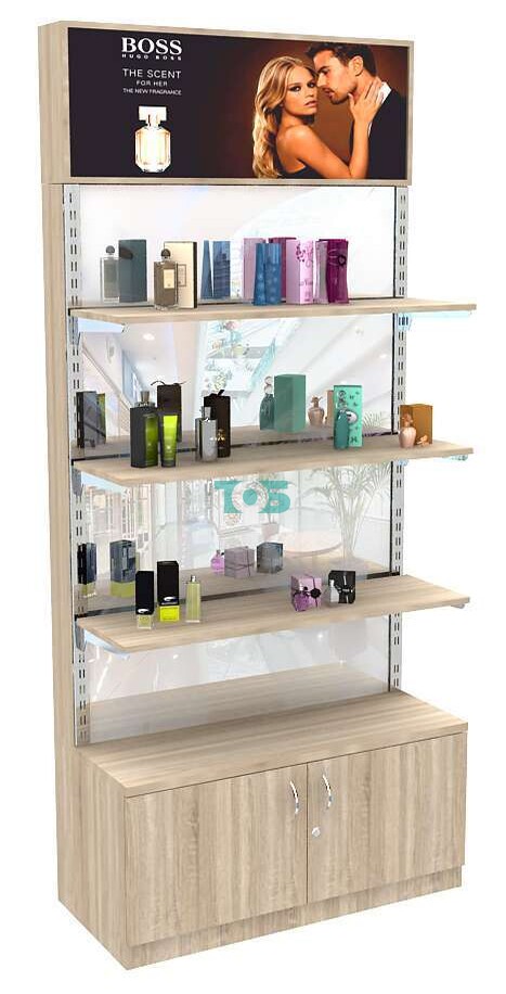 Торговый стеллаж из ДСП с тумбой и зазеркаленной стенкой №2-3