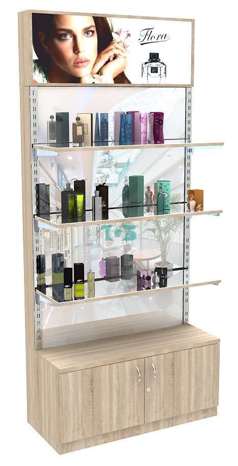 Торговый стеллаж из ДСП с тумбой, лайтбоксом и зеркальными полками №2-4