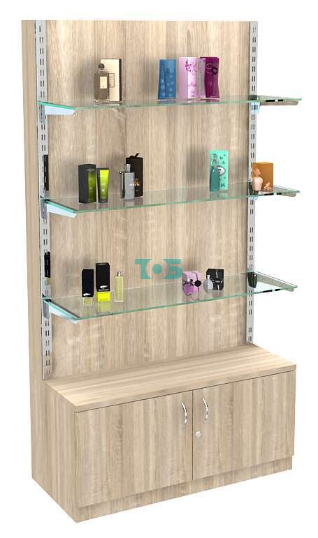 Торговый стеллаж из ДСП с накопителем и стеклянными полками №1-1
