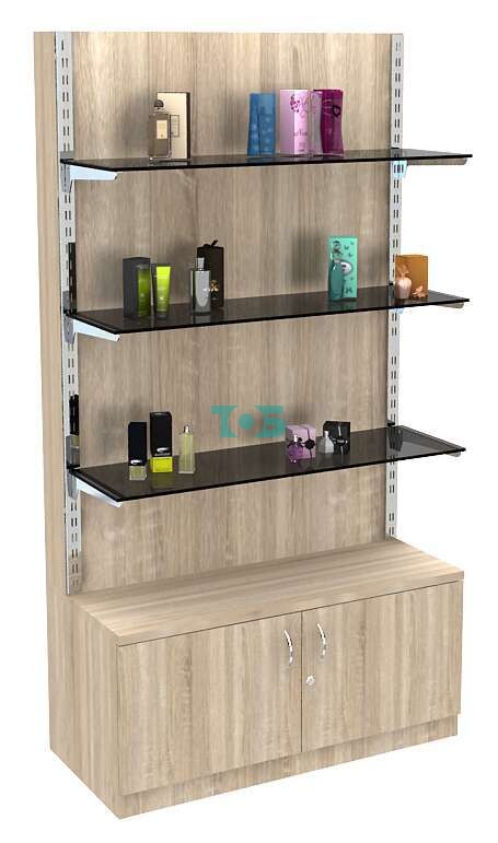 Торговый стеллаж из ДСП с накопителем и тонированными полками №1-2