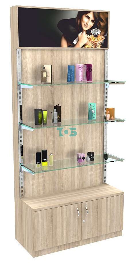 Торговый стеллаж из ДСП с накопителем и световым коробом №2-1