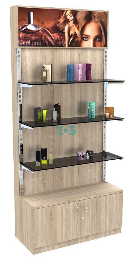 Торговый стеллаж из ДСП с накопителем и хромирован- ными стойками №2-2