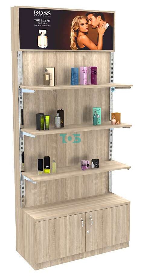 Торговый стеллаж из ДСП с накопителем и лайтбоксом №2-3