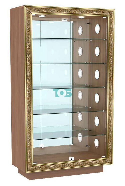 Низкая витрина с пятью широкими полками и торцевыми светильниками БАРОККО №507С-ХП