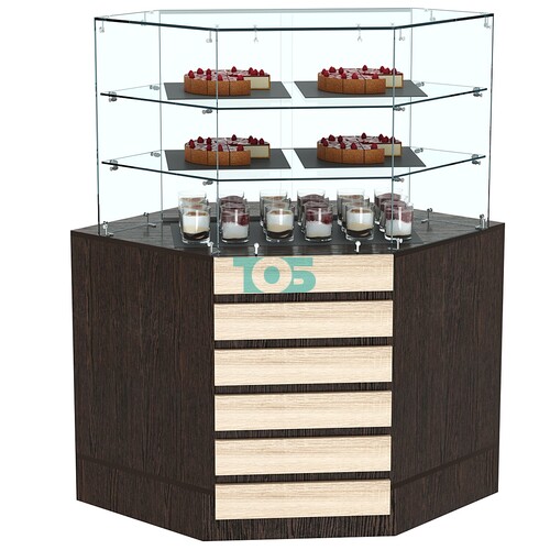 Торговый прилавок угловой со стеклянными шторками и фасадными панелями №15Э-02