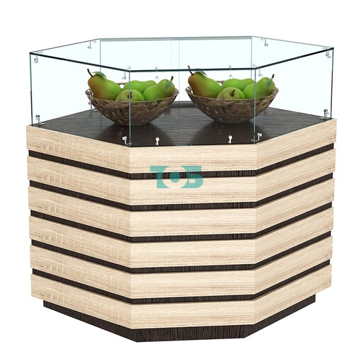 Торговый прилавок угловой с низкой витриной и фасадными панелями №14Э-14