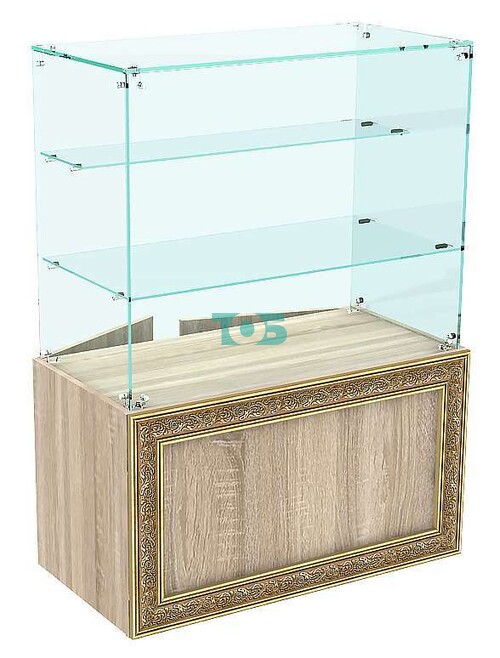 Стеклянный торговый прилавок с полками разной глубины и фасадным декором серии БАРОККО №БА-ПИ-07