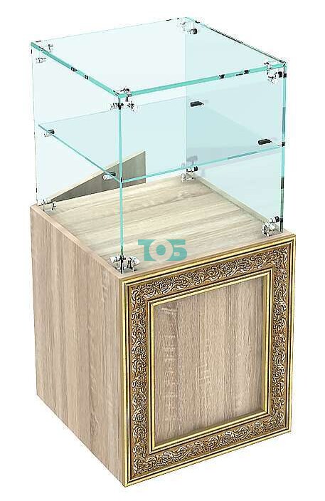 Стеклянный торговый прилавок с одной квадратной полкой и декором серии БАРОККО №БА-ПИ-10