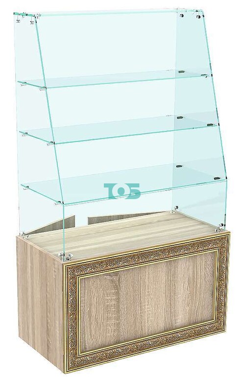 Стеклянный торговый прилавок с наклонным стеклом и декором серии БАРОККО №БА-ПИ-15