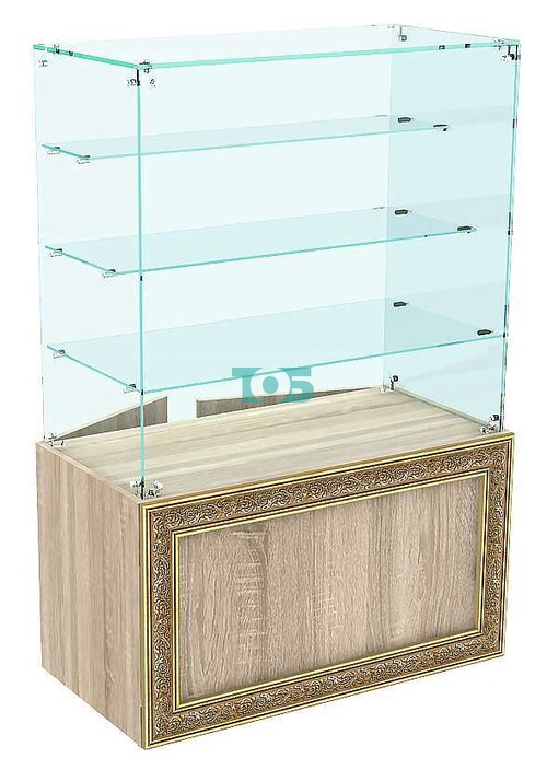 Стеклянный торговый прилавок широкий с тремя полками и декором серии БАРОККО №БА-ВИ-201