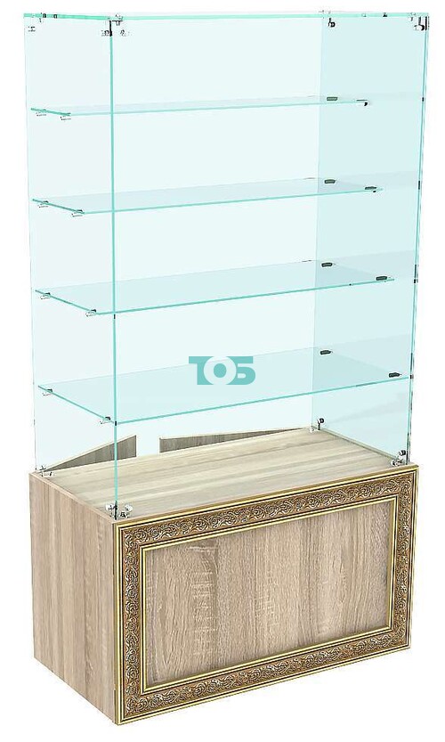Стеклянный торговый прилавок высокий с четырьмя полками и декором серии БАРОККО №БА-ВИ-204