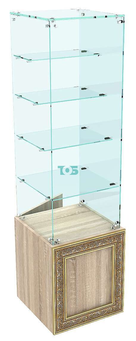 Стеклянный торговый прилавок с прозрачными полками и декорированным фасадом серии БАРОККО №БА-ВИ-208