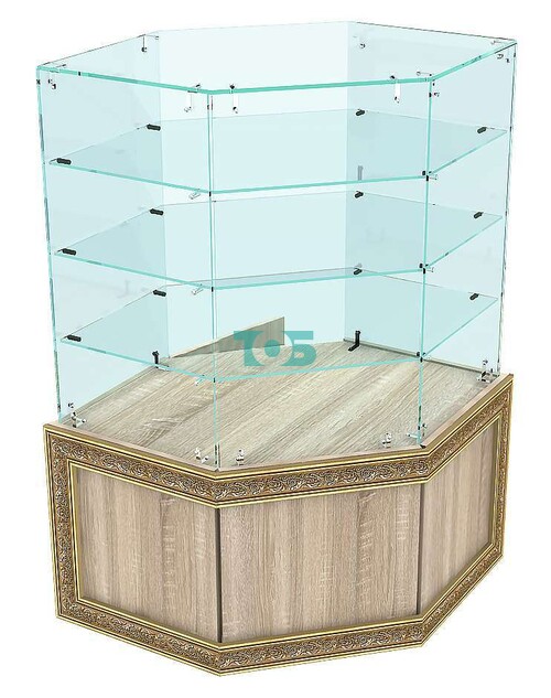 Стеклянный торговый прилавок с тремя шестигранными полками и декором серии БАРОККО №БА-ВИ-207