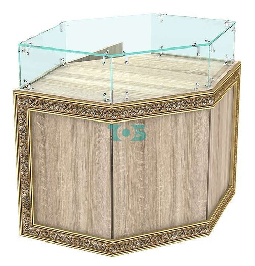 Стеклянный торговый прилавок шестигранный с декором фасада серии БАРОККО №БА-ПИ-16