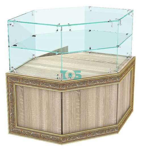 Стеклянный торговый прилавок угловой с низким стеклом и декором серии БАРОККО №БА-ПИ-17