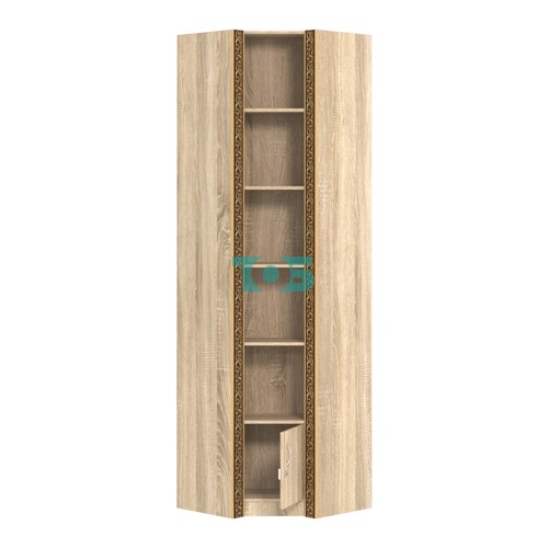 Выставочный угловой стеллаж с накопителем и декором №СБА-5ВД-400