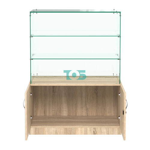 Стеклянный прилавок с декором и двумя прозрачными полками №СПБА-07