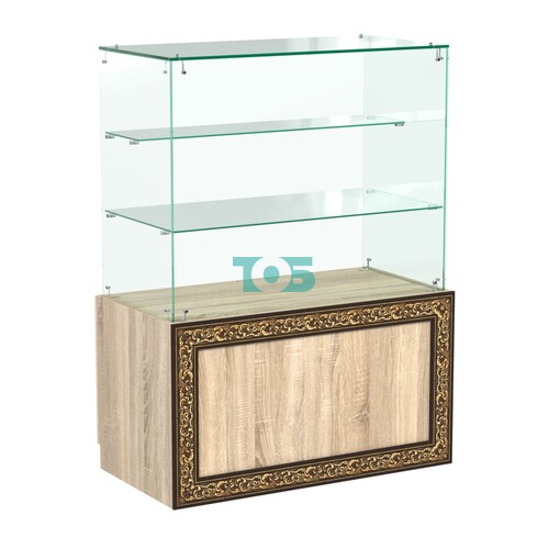 Стеклянный прилавок с декором и двумя прозрачными полками №СПБА-07