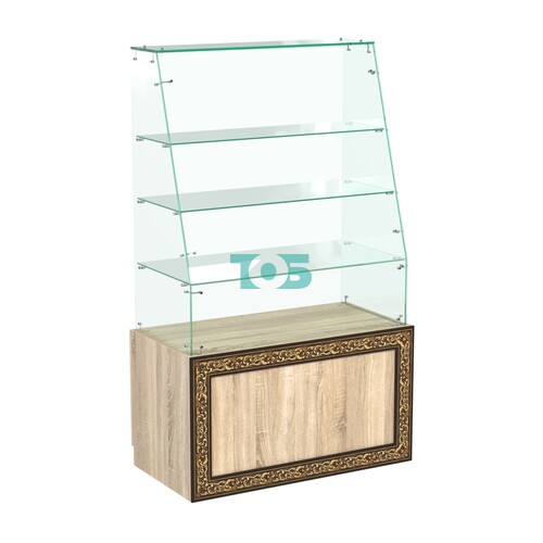 Стеклянный прилавок с декором и наклонным фасадным стеклом №СПБА-15