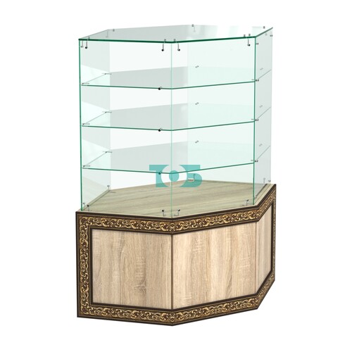 Стеклянный прилавок с декором и шестигранными полками №СПБА-207