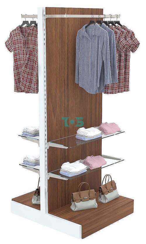 Высокая островная система ФЕНИКС для одежды со стеклянными полками и П-образными поручнями №7