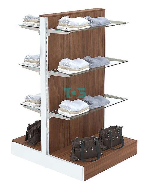 Торговый стеллаж под дерево низкий островной со стеклянными полками ФЕНИКС №5