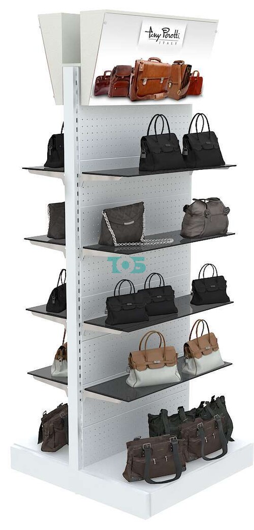 Большой двусторонний стеллаж с тонированными полками и световым коробом №4