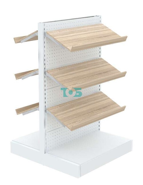 Низкий широкий островной стеллаж с перфорацией и наклонными полками №5