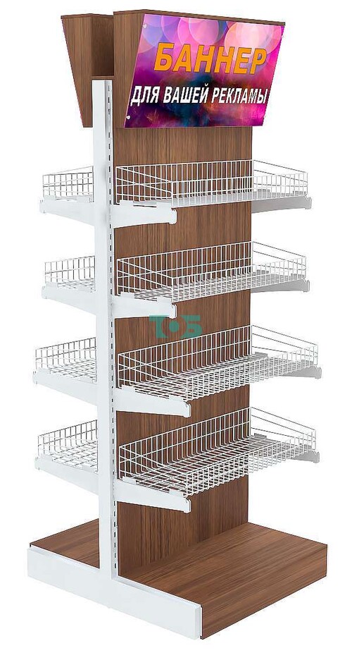 Торговый островной стеллаж со световым коробом и корзинами ФЕНИКС №2-1000-4