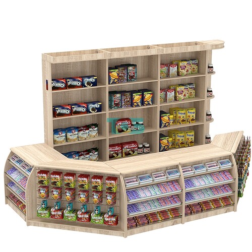 Комплект кассовой зоны со скосами и открытыми стеллажами большой №3-1