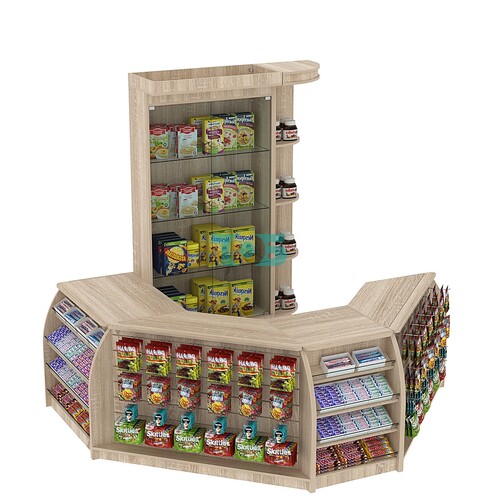 Комплект кассовой зоны с витринами и скошенным фасадом малый №1-1