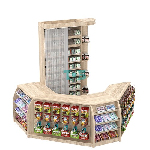 Комплект кассовой зоны со скошенным фасадом и стеллажом под сигареты малый №1-1