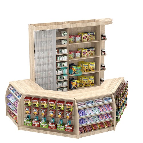 Комплект кассовой зоны со скошенным фасадом и стеллажом под сигареты средний №2-1